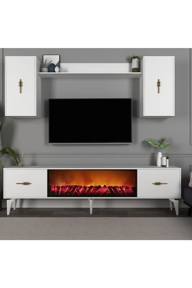 DEMONTE DECOR Sinta 180 Cm Şömineli (B) Tv Ünitesi Takımı Beyaz-beyaz