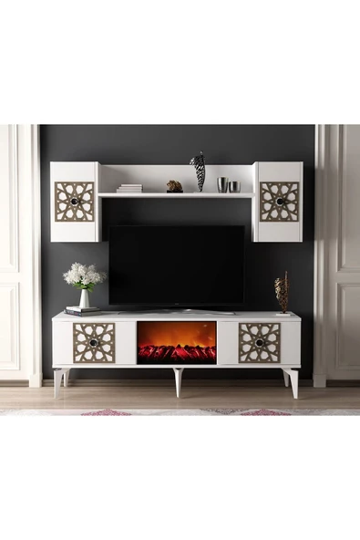 DEMONTE DECOR MEERY ŞÖMİNELİ TV ÜNİTESİ TAKIMI BEYAZ-CEVİZ