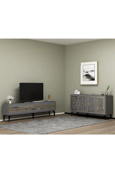 DEMONTE DECOR NORRA TV SEHPASI (alt modül) ve KONSOL 2'Lİ SALON TAKIMI ANTRASİT-ALTIN