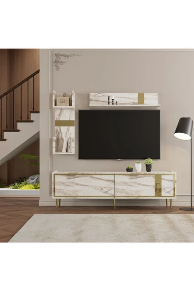 DEMONTE DECOR BRİCEE TV ÜNİTESİ TAKIMI EFESMERMER - ALTIN