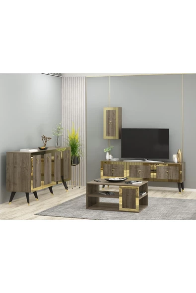 DEMONTE DECOR BARRE TV ÜNİTESİ, ORTA SEHPA VE KONSOL 3'LÜ SALON TAKIMI CEVİZ-ALTIN