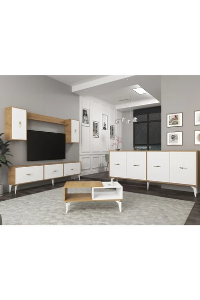 DEMONTE DECOR ZEUS 180 CM TV ÜNİTESİ, KONSOL(KX180) ve ORTA SEHPA SALON TAKIMI SAFİRMEŞE-BEYAZ