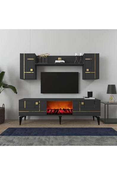 DEMONTE DECOR MADERA ŞÖMİNELİ TV ÜNİTESİ TAKIMI ANTRASİT-ALTIN