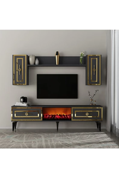 DEMONTE DECOR VİOLA ŞÖMİNELİ TV ÜNİTESİ TAKIMI ANTRASİT-ALTIN