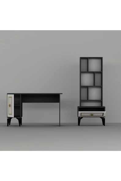 DEMONTE DECOR NORRA ÇALIŞMA MASASI VE KİTAPLIK TAKIMI ANTRASİT-BEYAZ-ALTIN - 7