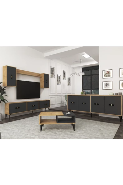 DEMONTE DECOR Hira 180 Cm Tv Ünitesi, Konsol(KX180) Ve Orta Sehpa Salon Takımı Safirmeşe-Antrasit