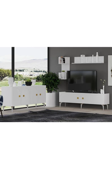 DEMONTE DECOR OWENN TV ÜNİTESİ,KONSOL 2'Lİ SALON TAKIMI BEYAZ (BEYAZ DESEN)