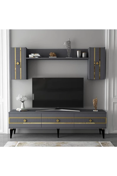 DEMONTE DECOR NOVVA  180 CM TV ÜNİTESİ TAKIMI ANTRASİT-ALTIN