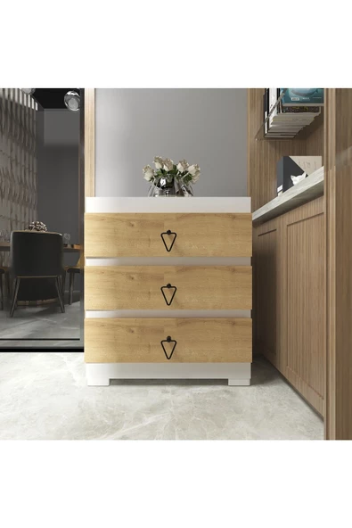 DEMONTE DECOR Nirvanna (S) 3 Çekmeceli Çok Amaçlı Dolap Şifonyer Beyaz-safirmeşe