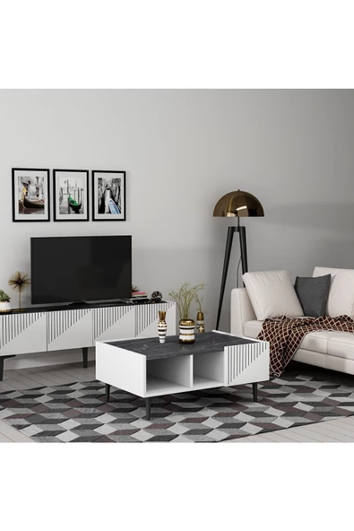DEMONTE DECOR DRAWDD TV SEHPASI , KONSOL VE ORTA SEHPA 3'lü SALON TAKIMI BEYAZ-ROYALMERMER - 3