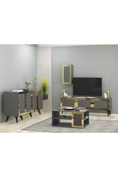 DEMONTE DECOR BARRE TV ÜNİTESİ, ORTA SEHPA VE KONSOL 3'LÜ SALON TAKIMI ANTRASİT-ALTIN