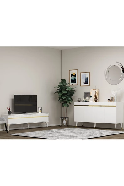 DEMONTE DECOR DEFFNE TV SEHPASI ve KONSOL 2'Lİ SALON TAKIMI BEYAZ-ALTIN