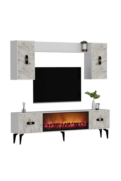 DEMONTE DECOR FLY 180 CM ŞÖMİNELİ (B) TV ÜNİTESİ TAKIMI BEYAZ-EFESMERMER - 5
