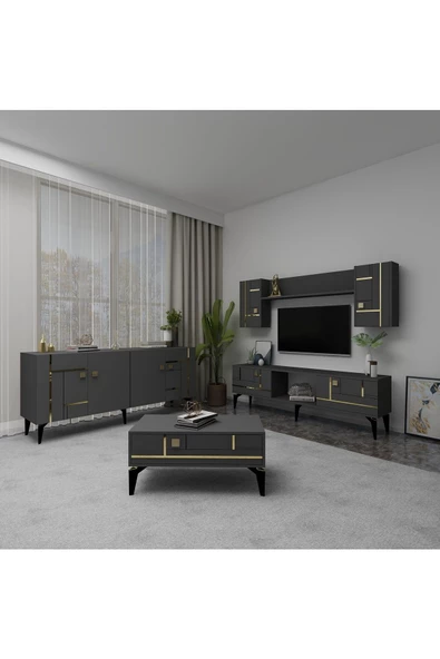 DEMONTE DECOR MADERA TV ÜNİTESİ,KONSOL ve ORTA SEHPA 3'LÜ SALON TAKIMI ANTRASİT-ALTIN
