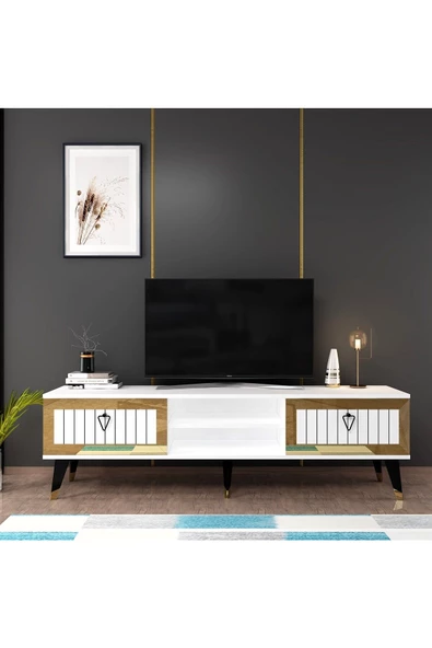 DEMONTE DECOR LİİDYA TV SEHPASI (ALT MODÜL) BEYAZ-ALTIN