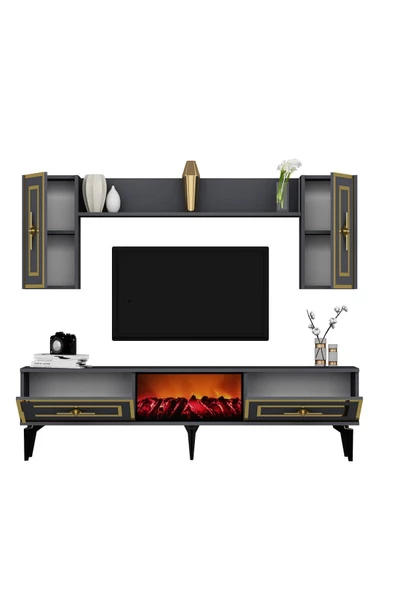 DEMONTE DECOR VİOLA ŞÖMİNELİ TV ÜNİTESİ TAKIMI ANTRASİT-ALTIN - 3