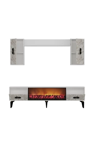 DEMONTE DECOR FLY 180 CM ŞÖMİNELİ (B) TV ÜNİTESİ TAKIMI BEYAZ-EFESMERMER - 7