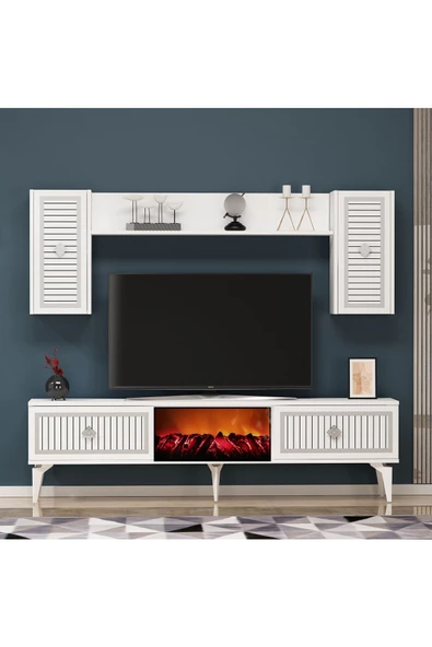 DEMONTE DECOR NİLL ŞÖMİNELİ TV  ÜNİTESİ TAKIMI BEYAZ -GÜMÜŞ