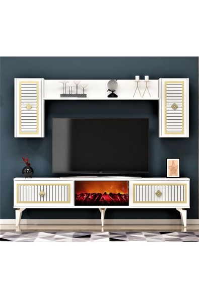 DEMONTE DECOR NİLL ŞÖMİNELİ TV ÜNİTESİ TAKIMI BEYAZ-ALTIN