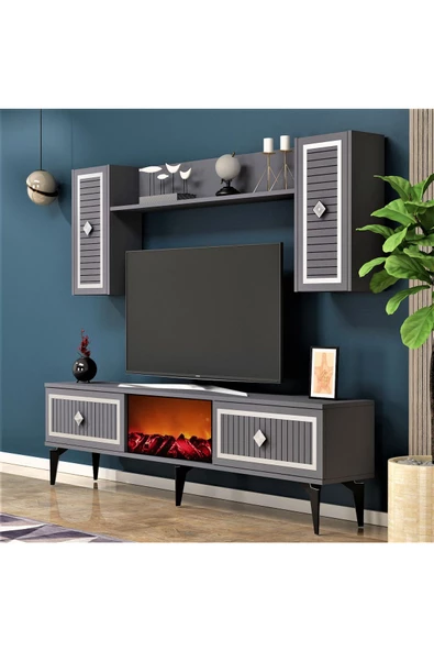 DEMONTE DECOR NİLL ŞÖMİNELİ TV ÜNİTESİ TAKIMI ANTRASİT GÜMÜŞ - 3