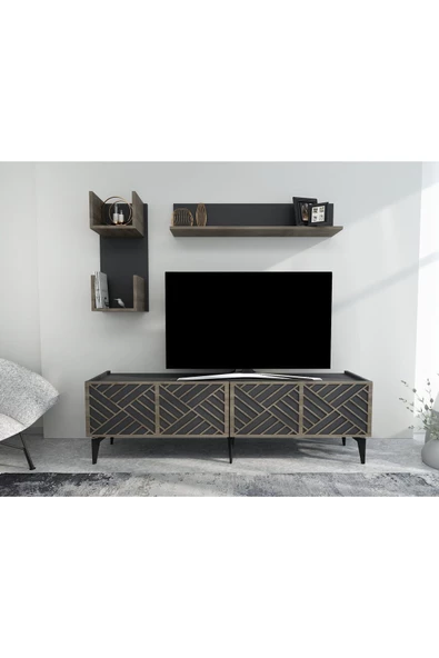 DEMONTE DECOR GRACCE TV ÜNİTESİ TAKIMI ANTRASİT-(CEVİZ DESEN)
