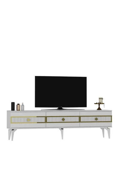 DEMONTE DECOR NORRA TV SEHPASI (alt modül) ve KONSOL 2'Lİ SALON TAKIMI BEYAZ-ALTIN - 7