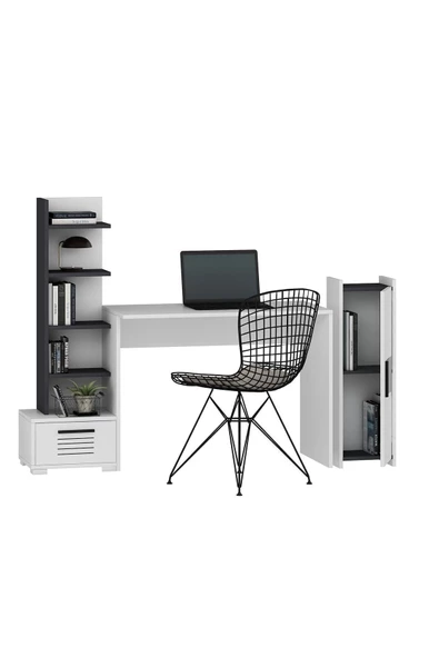 DEMONTE DECOR 5 Raflı, Çekmeceli Ve Duvar Raflı Asimo Pt Çalışma Masası Antrasit-beyaz - 6