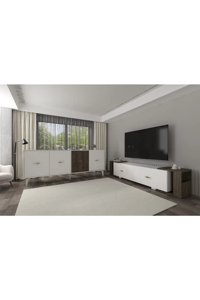 DEMONTE DECOR VERYDD 2'Lİ SALON TAKIMI 180 CM KONSOL (KX180) ve TV ÜNİTESİ BEYAZ-CEVİZ