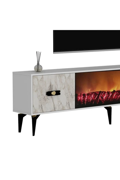 DEMONTE DECOR FLY 180 CM ŞÖMİNELİ (B) TV ÜNİTESİ TAKIMI BEYAZ-EFESMERMER - 6