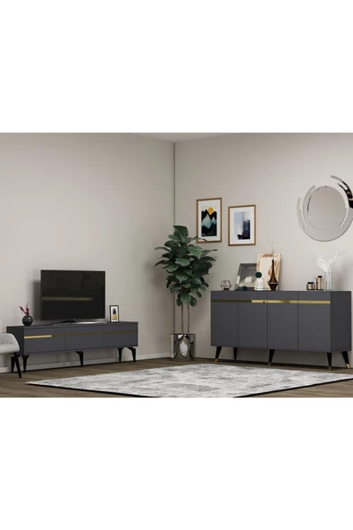DEMONTE DECOR DEFFNE TV SEHPASI ve KONSOL 2'Lİ SALON TAKIMI ANTRASİT-ALTIN