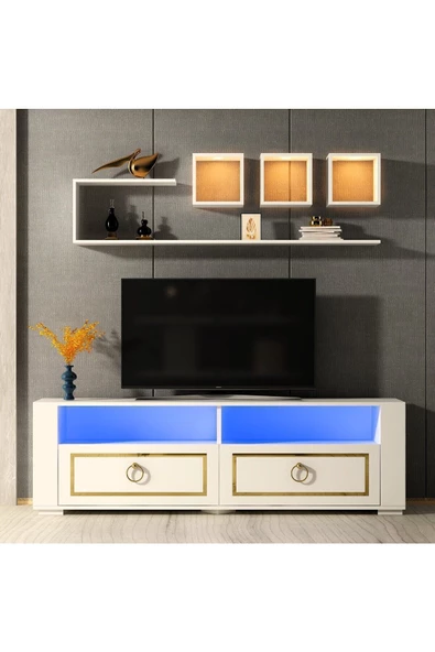DEMONTE DECOR CALVİNN LED AYDINLATMALI ,SPOT IŞIKLI TV ÜNİTESİ TAKIMI BEYAZ-ALTIN