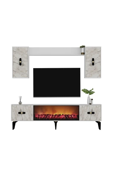 DEMONTE DECOR FLY 180 CM ŞÖMİNELİ (B) TV ÜNİTESİ TAKIMI BEYAZ-EFESMERMER - 4