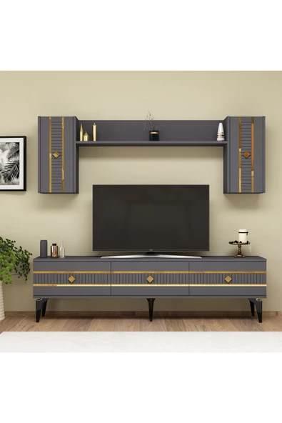 DEMONTE DECOR LENNORA 180 CM TV ÜNİTESİ TAKIMI ANTRASİT-ALTIN