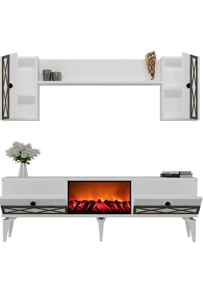 DEMONTE DECOR ALLEGRADH ŞÖMİNELİ TV ÜNİTESİ TAKIMI BEYAZ GÜMÜŞ - 4