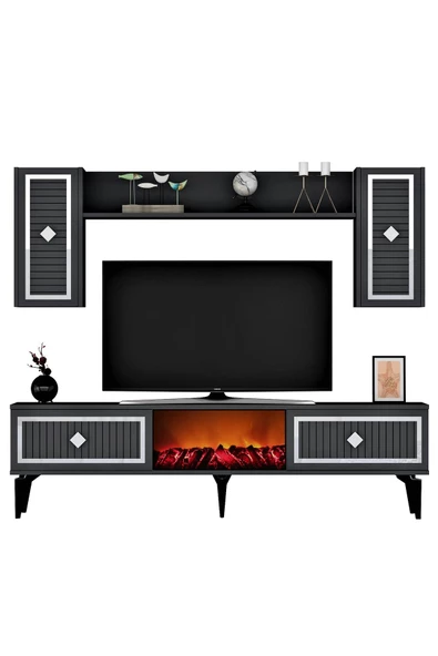 DEMONTE DECOR NİLL ŞÖMİNELİ TV ÜNİTESİ TAKIMI ANTRASİT GÜMÜŞ - 2