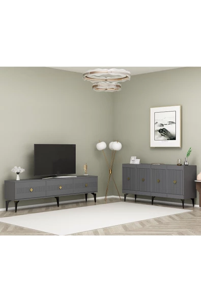 DEMONTE DECOR MİDDAS 180 Cm TV SEHPASI (ALT MODÜL) Ve 4 KAPAKLI KONSOL 2'li SALON TAKIMI ANTRASİT-ALTIN