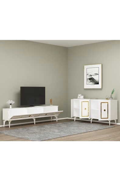 DEMONTE DECOR NORRA TV SEHPASI (alt modül) ve KONSOL 2'Lİ SALON TAKIMI BEYAZ-ALTIN - 2