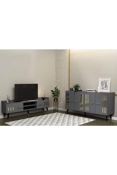 DEMONTE DECOR JUNES TV SEHPASI ve KONSOL 2'Lİ SALON TAKIMI ANTRASİT-ALTIN
