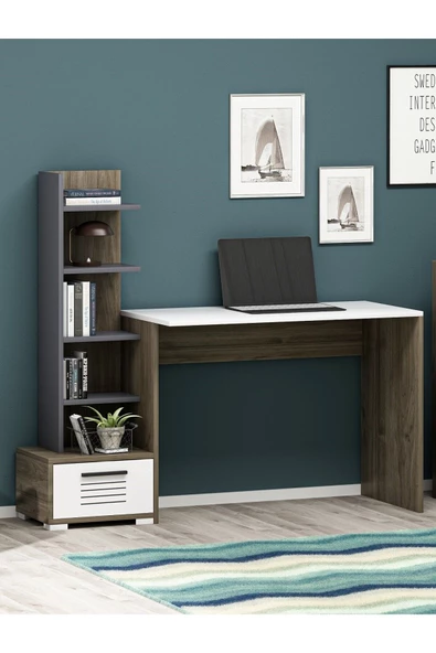 DEMONTE DECOR ASİMO KİTAPLIKLI ÇALIŞMA MASASI (P) CEVİZ-BEYAZ-ANTRASİT