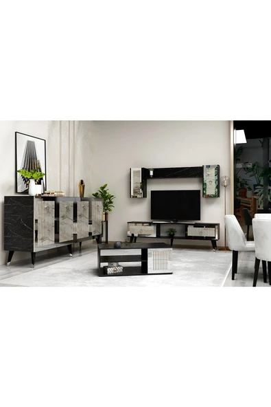 DEMONTE DECOR BORAA TV ÜNİTESİ, ORTA SEHPA VE  KONSOL 3'LÜ SALON TAKIMI ROYALMERMER-EFESMERMER-GÜMÜŞ