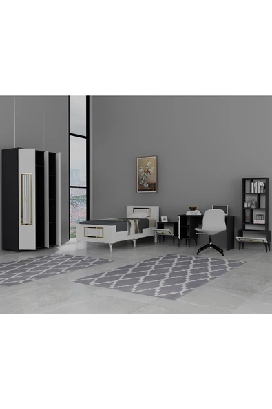 DEMONTE DECOR Norra Çocuk Genç Odası Takımı (G-C-L-P-R) Antrasit-Beyaz-Altın - 7