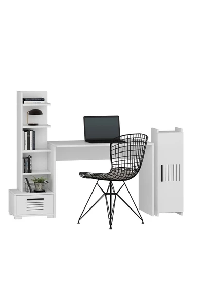 DEMONTE DECOR 5 Raflı, Çekmeceli Ve Duvar Raflı Asimo Pt Çalışma Masası Beyaz-beyaz - 5