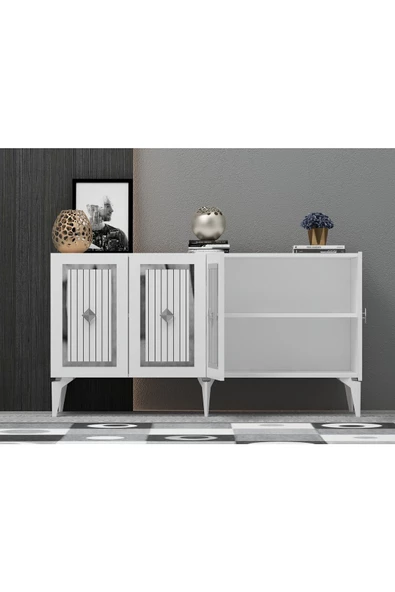 DEMONTE DECOR NORRA TV SEHPASI (alt modül) ve KONSOL 2'Lİ SALON TAKIMI BEYAZ-GÜMÜŞ - 4