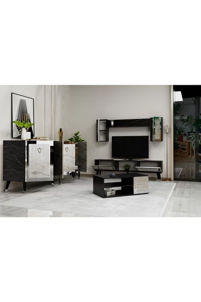 DEMONTE DECOR BORAA TV ÜNİTESİ, ORTA SEHPA VE  KONSOL 3'LÜ SALON TAKIMI ROYALMERMER-EFESMERMER-GÜMÜŞ - 2