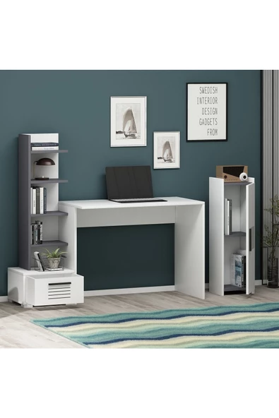 DEMONTE DECOR 5 Raflı, Çekmeceli Ve Duvar Raflı Asimo Pt Çalışma Masası Antrasit-beyaz - 3