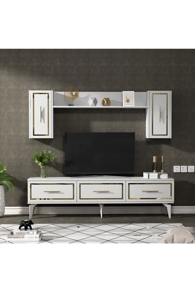 DEMONTE DECOR VANNESSA 180 CM  TV ÜNİTESİ TAKIMI BEYAZ-ALTIN