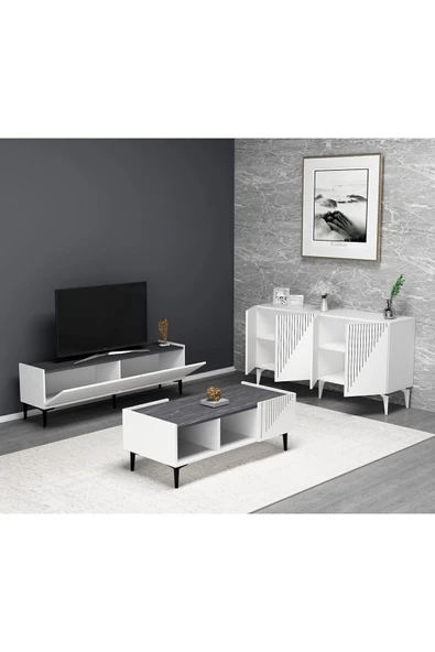 DEMONTE DECOR DRAWDD TV SEHPASI , KONSOL VE ORTA SEHPA 3'lü SALON TAKIMI BEYAZ-ROYALMERMER - 2
