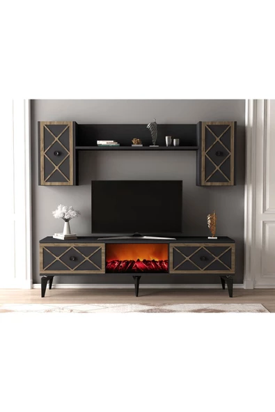 DEMONTE DECOR HELLEN ŞÖMİNELİ TV ÜNİTESİ TAKIMI ANTRASİT (CEVİZ DESEN)