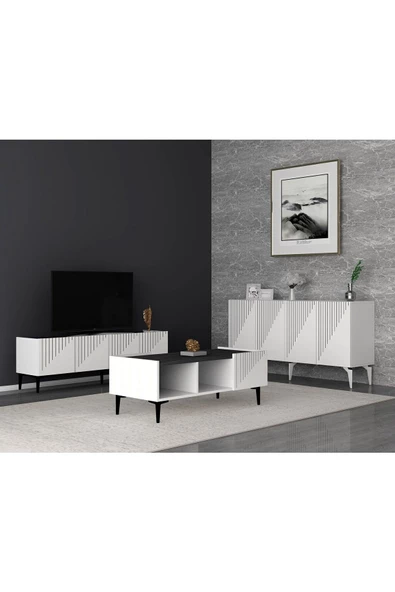 DEMONTE DECOR DRAWDD TV SEHPASI , KONSOL VE ORTA SEHPA 3'lü SALON TAKIMI BEYAZ-ROYALMERMER