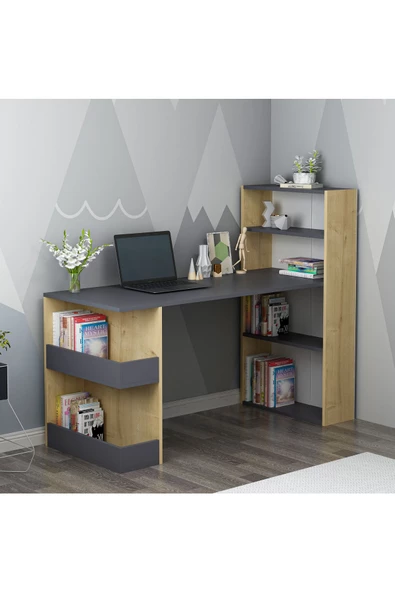DEMONTE DECOR NİRVANNA KİTAPLIKLI ÇALIŞMA MASASI ANTRASİT-SAFİRMEŞE